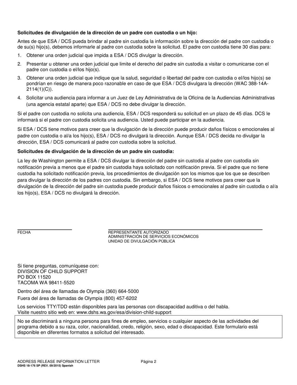 DSHS Formulario 18-176 SP Carta De Informacion De Divulgacion De Direccion - Washington (Spanish), Page 2