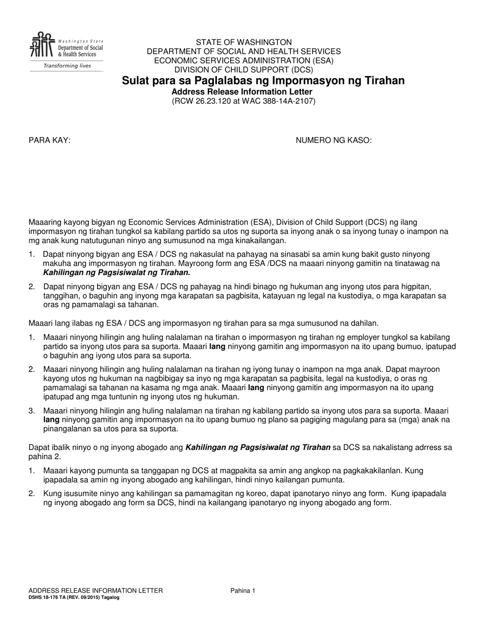 DSHS Form 18-176 Address Release Information Letter - Washington (Tagalog), Page 1