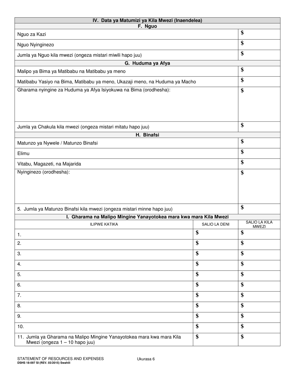 DSHS Form 18-097 Statement of Resources and Expenses - Washington (Swahili), Page 6