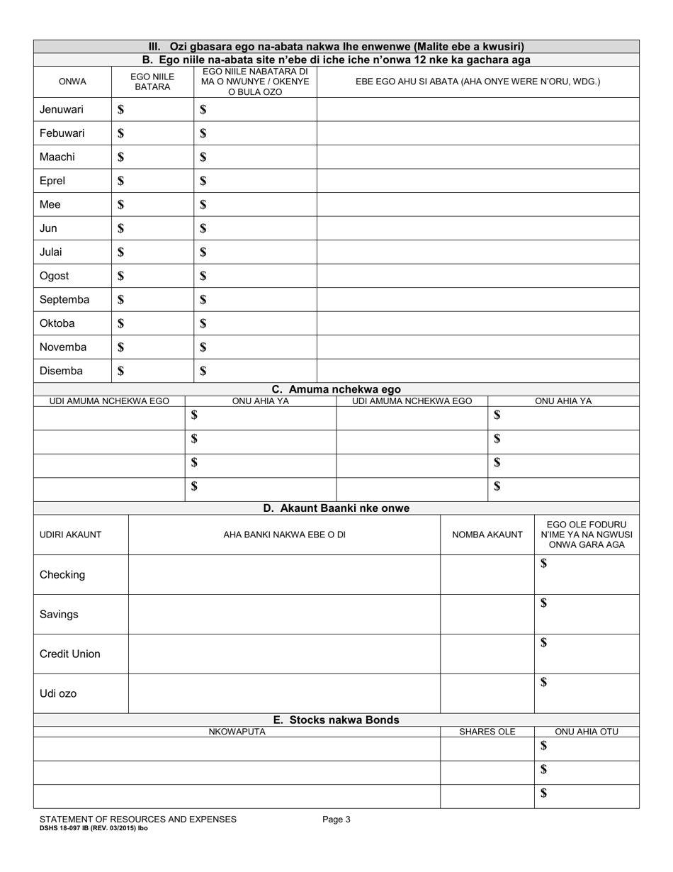 DSHS Form 18-097 Statement of Resources and Expenses - Washington (Igbo), Page 3
