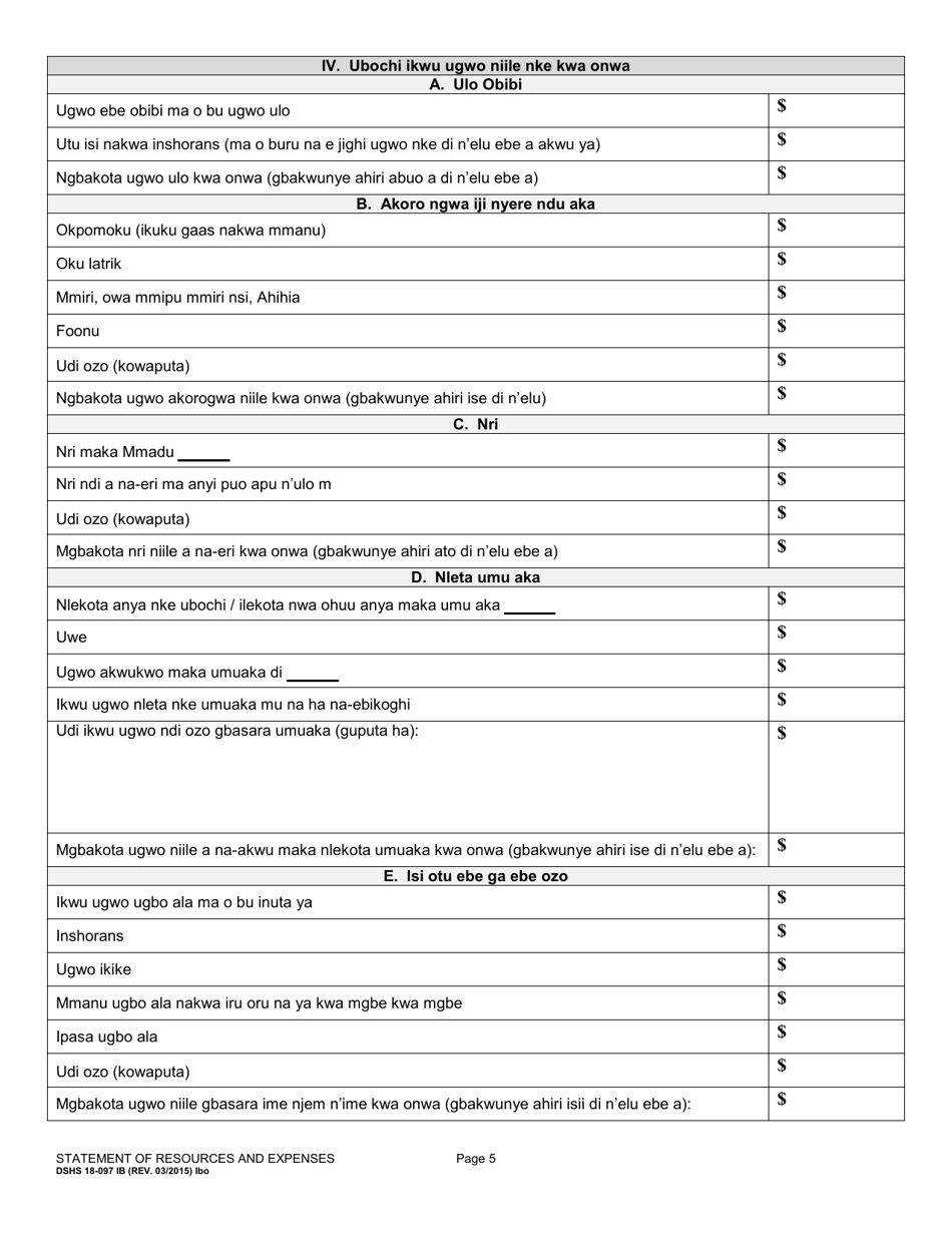 DSHS Form 18-097 Statement of Resources and Expenses - Washington (Igbo), Page 5