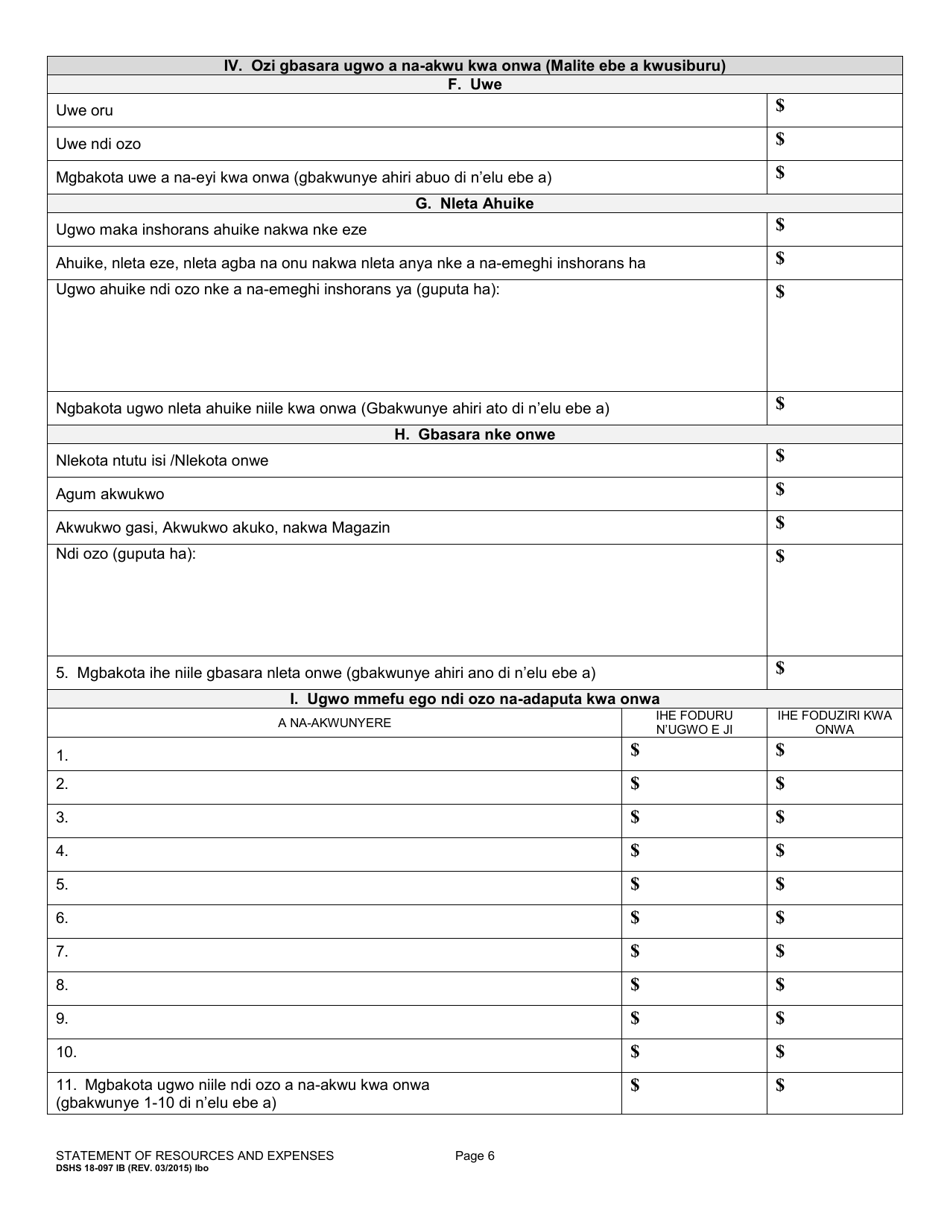 DSHS Form 18-097 Statement of Resources and Expenses - Washington (Igbo), Page 6