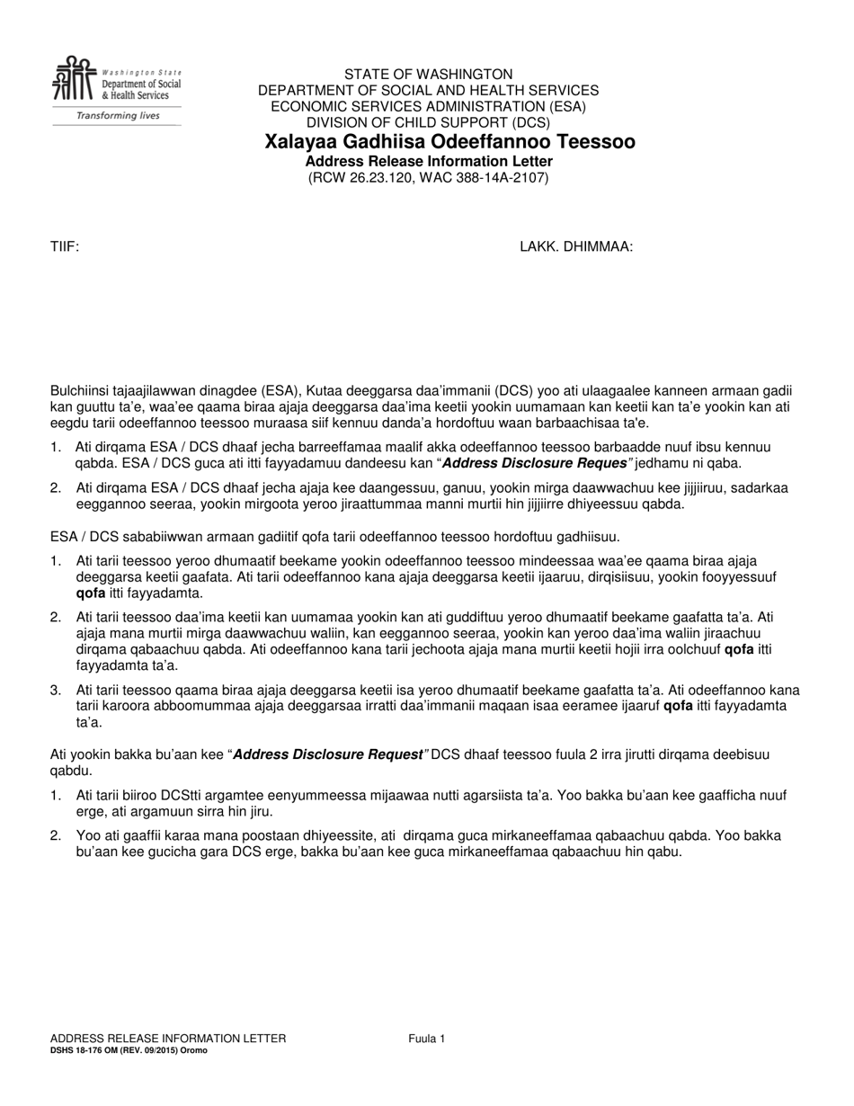 DSHS Form 18-176 Address Release Information Letter - Washington (Oromo), Page 1