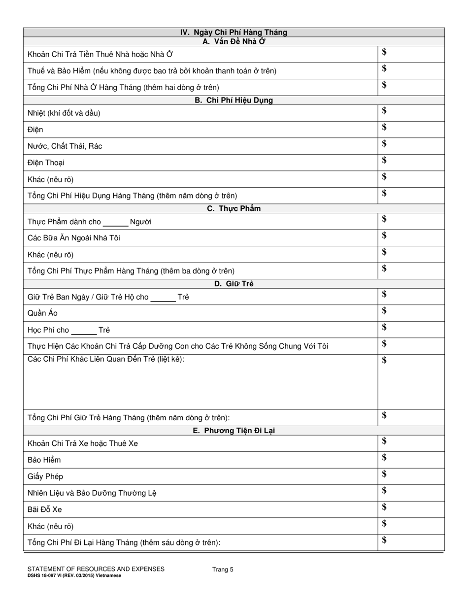 DSHS Form 18-097 Statement of Resources and Expenses - Washington (Vietnamese), Page 5