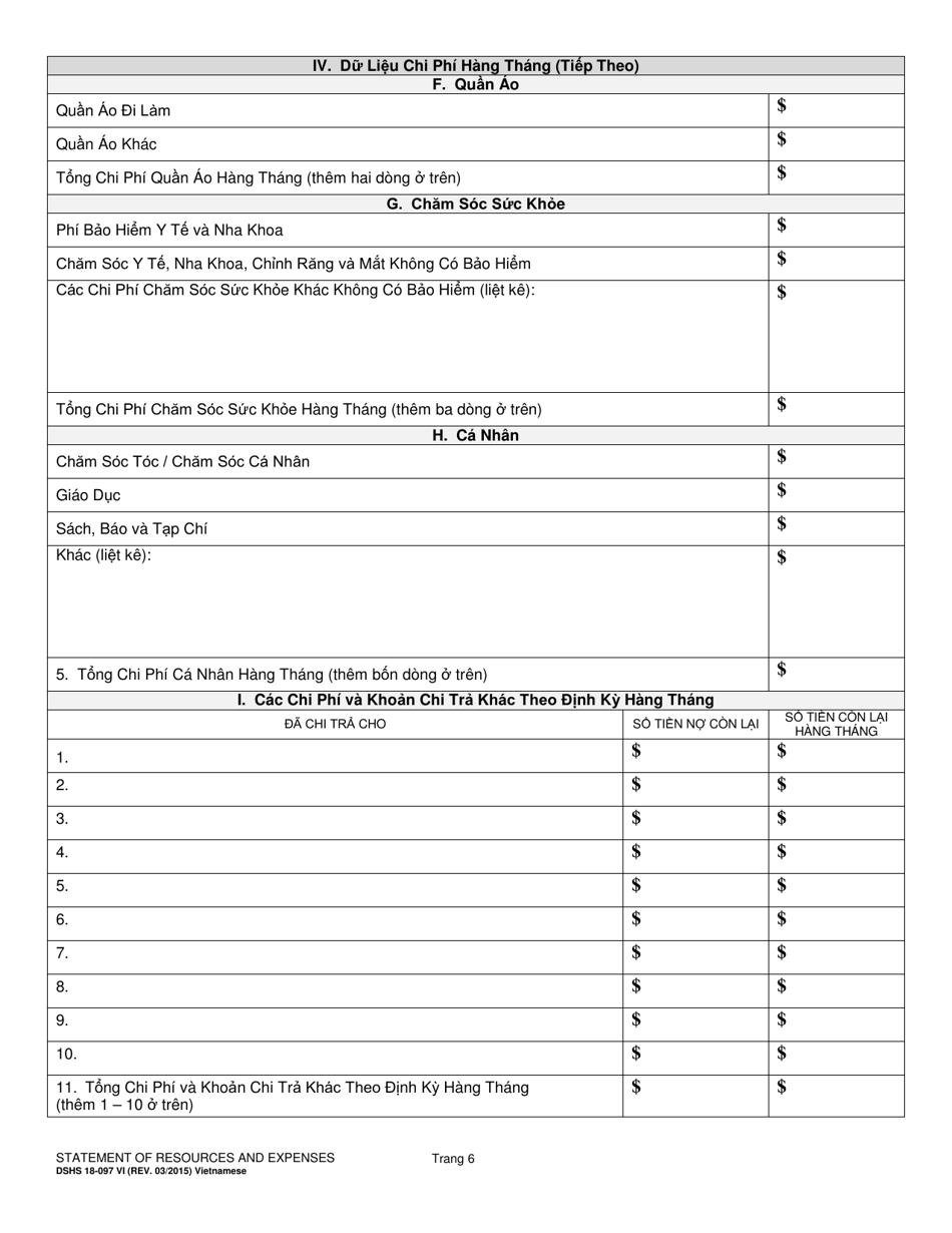 DSHS Form 18-097 Statement of Resources and Expenses - Washington (Vietnamese), Page 6