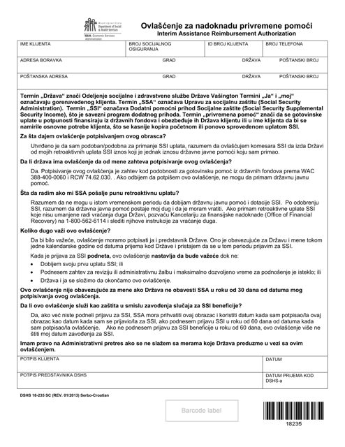 DSHS Form 18-235 SC Interim Assistance Reimbursement Authorization - Washington (Serbo-Croatian)
