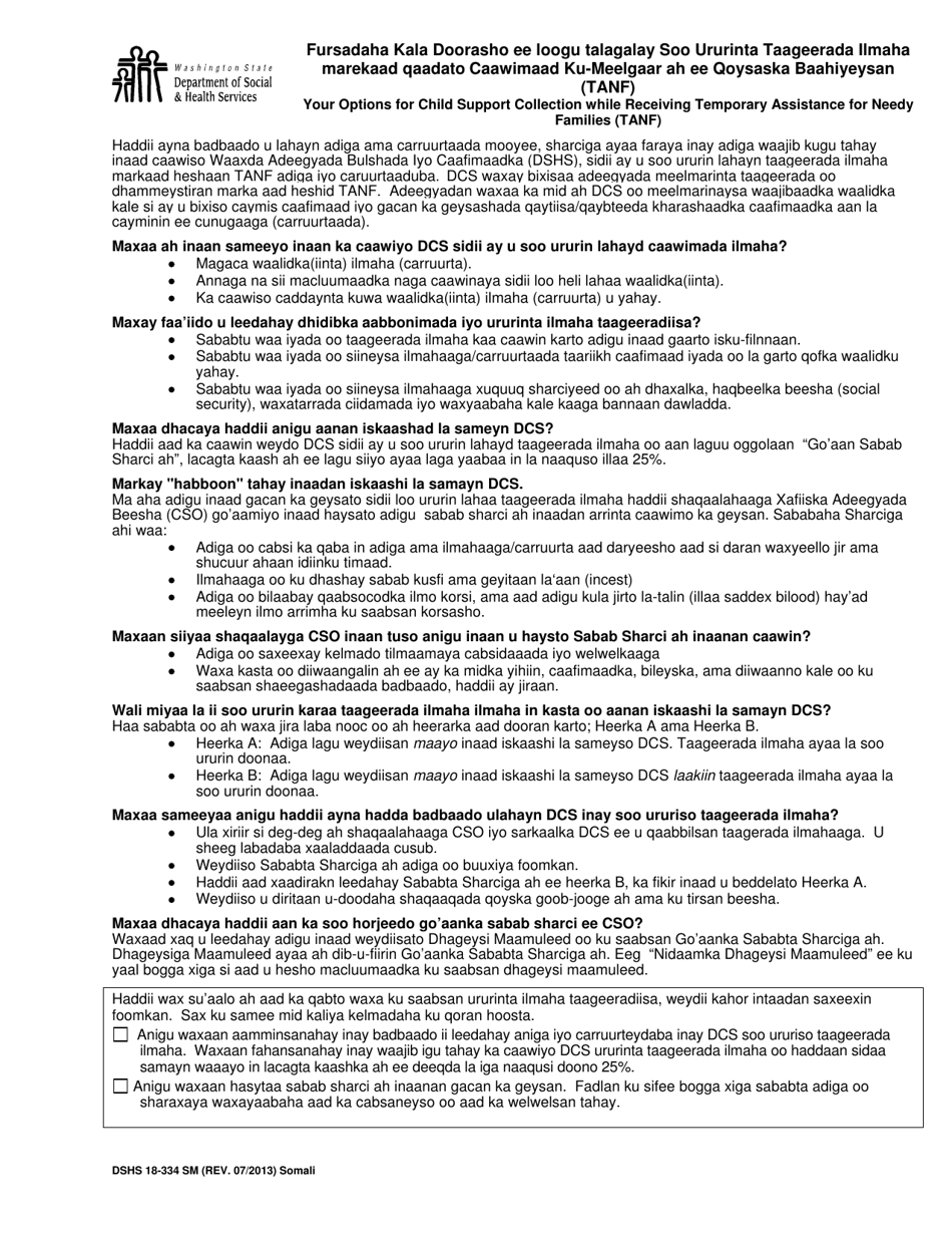 DSHS Form 18-334 Your Options for Child Support Collection While Receiving Temporary Assistance for Needy Families (TANF) - Washington (Somali), Page 1