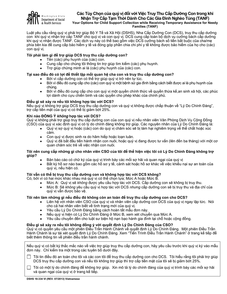 DSHS Form 18-334 Your Options for Child Support Collection While Receiving Temporary Assistance for Needy Families (TANF) - Washington (Vietnamese), Page 1