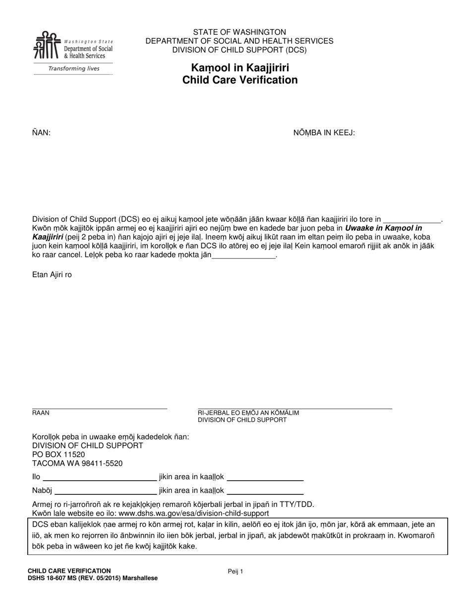DSHS Form 18-607 MS Child Care Verification - Washington (Marshallese), Page 1