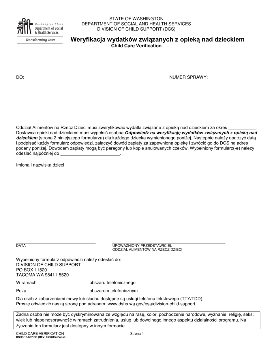 DSHS Form 18-607 PO Child Care Verification - Washington (Polish), Page 1