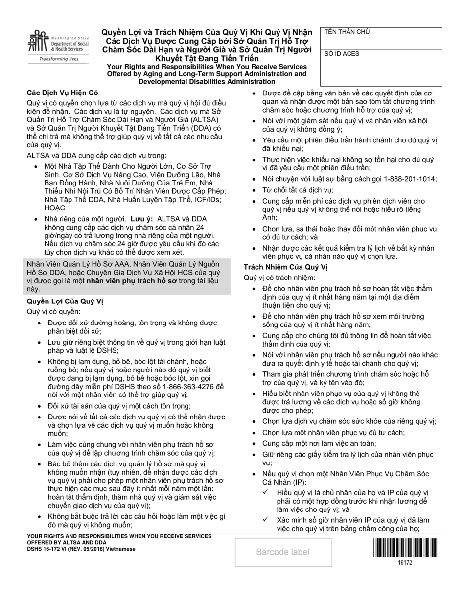 DSHS Form 16-172 Your Rights and Responsibilities When You Receive Services Offered by Aging and Disability Services Administration and Developmental Disabilities Administration - Washington (Vietnamese), Page 1