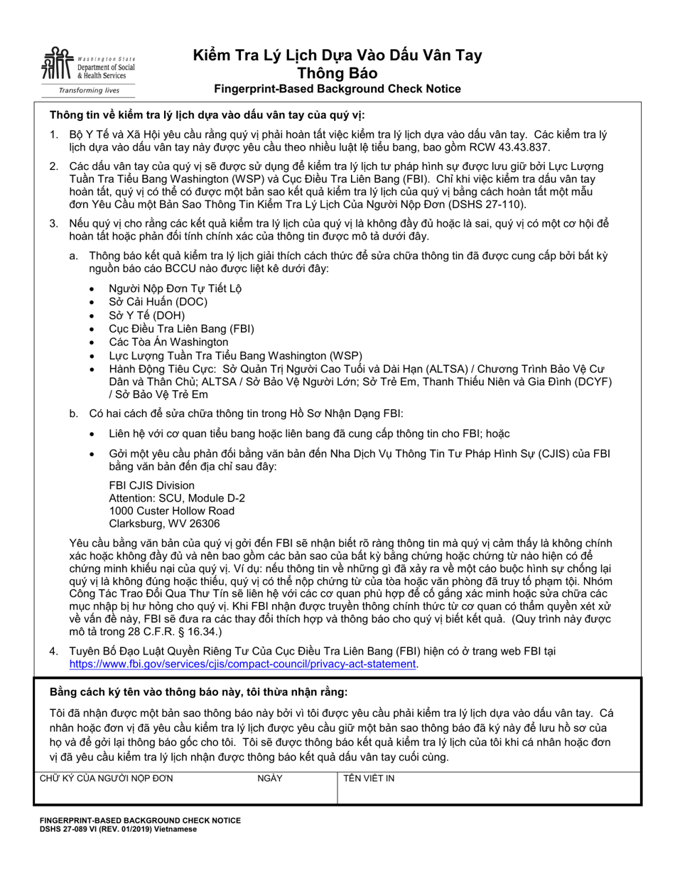 DSHS Form 27-089 VI Fingerprint-Based Background Check Notice - Washington (Vietnamese), Page 1