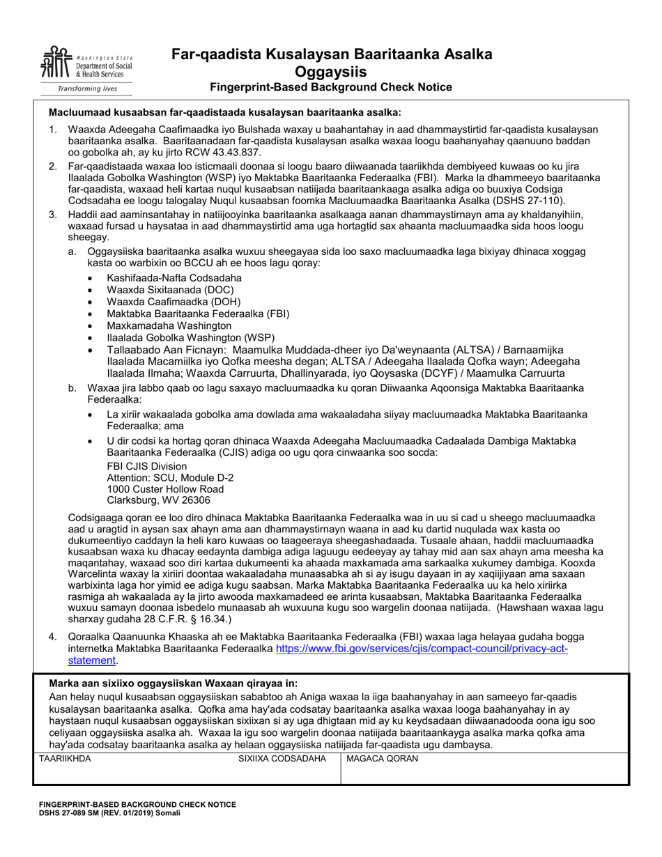 DSHS Form 27-089 SM Fingerprint-Based Background Check Notice - Washington (Somali), Page 1