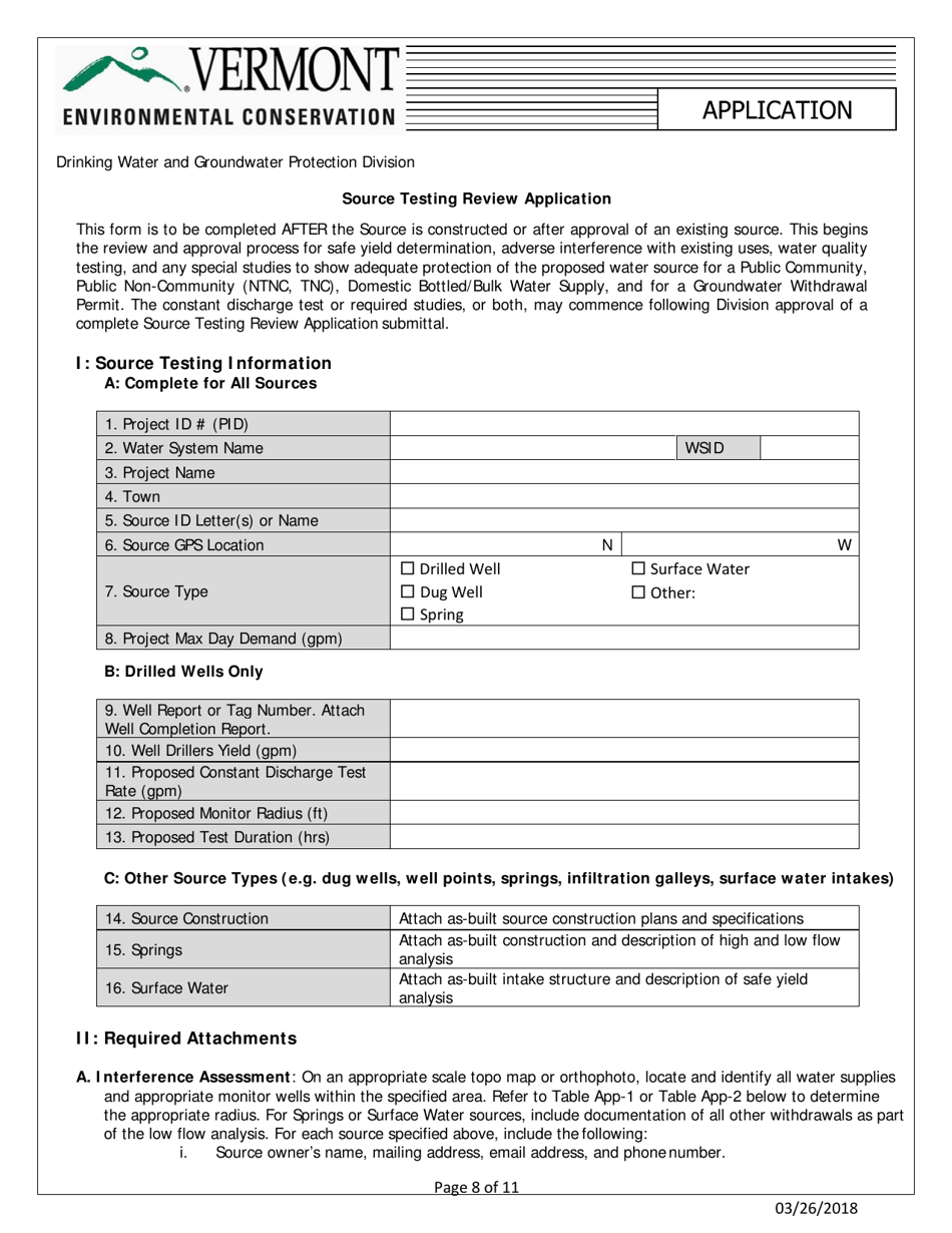 Source Testing Review Application - Vermont, Page 1