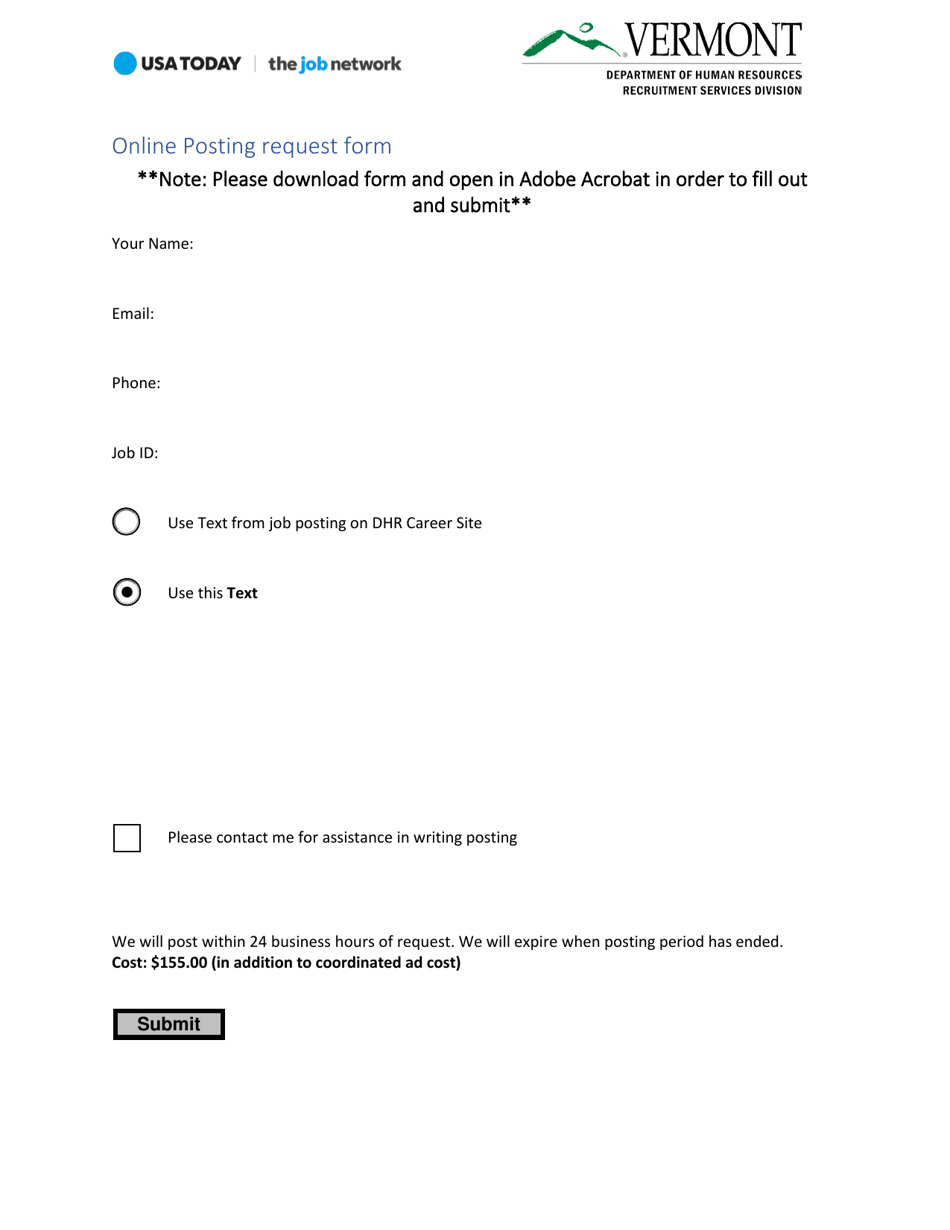 Online Posting Request Form - Vermont, Page 1