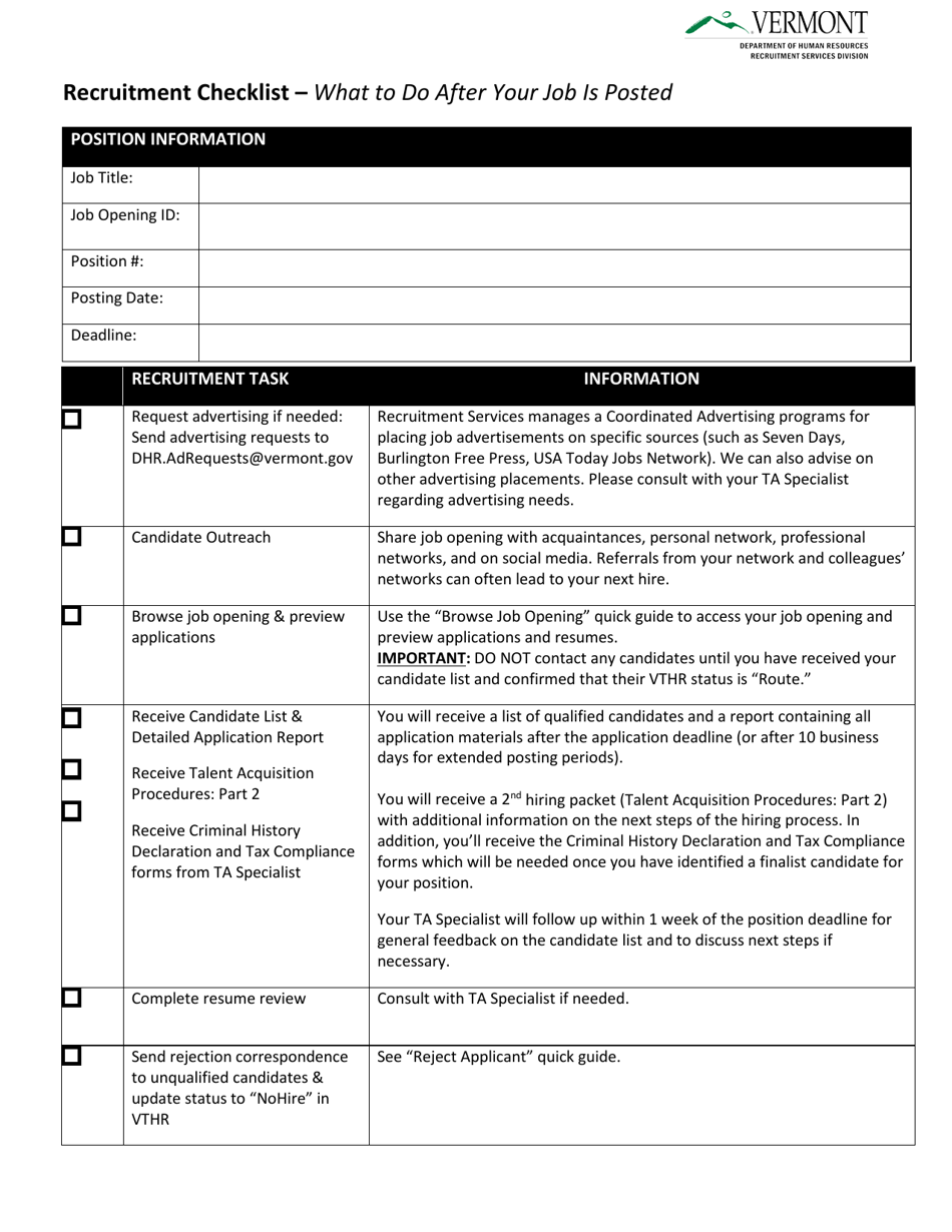 Vermont Recruitment Checklist - Fill Out, Sign Online and Download PDF ...