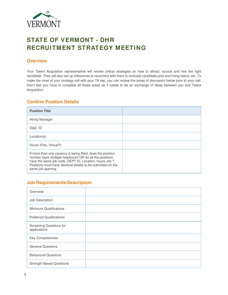 Recruitment Strategy Call Form - Vermont, Page 1