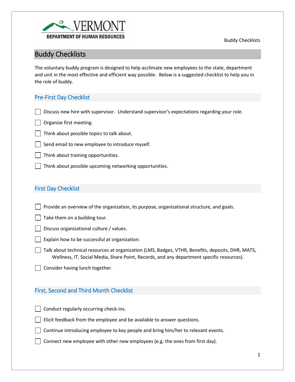 Vermont Buddy Checklist Download Printable PDF | Templateroller