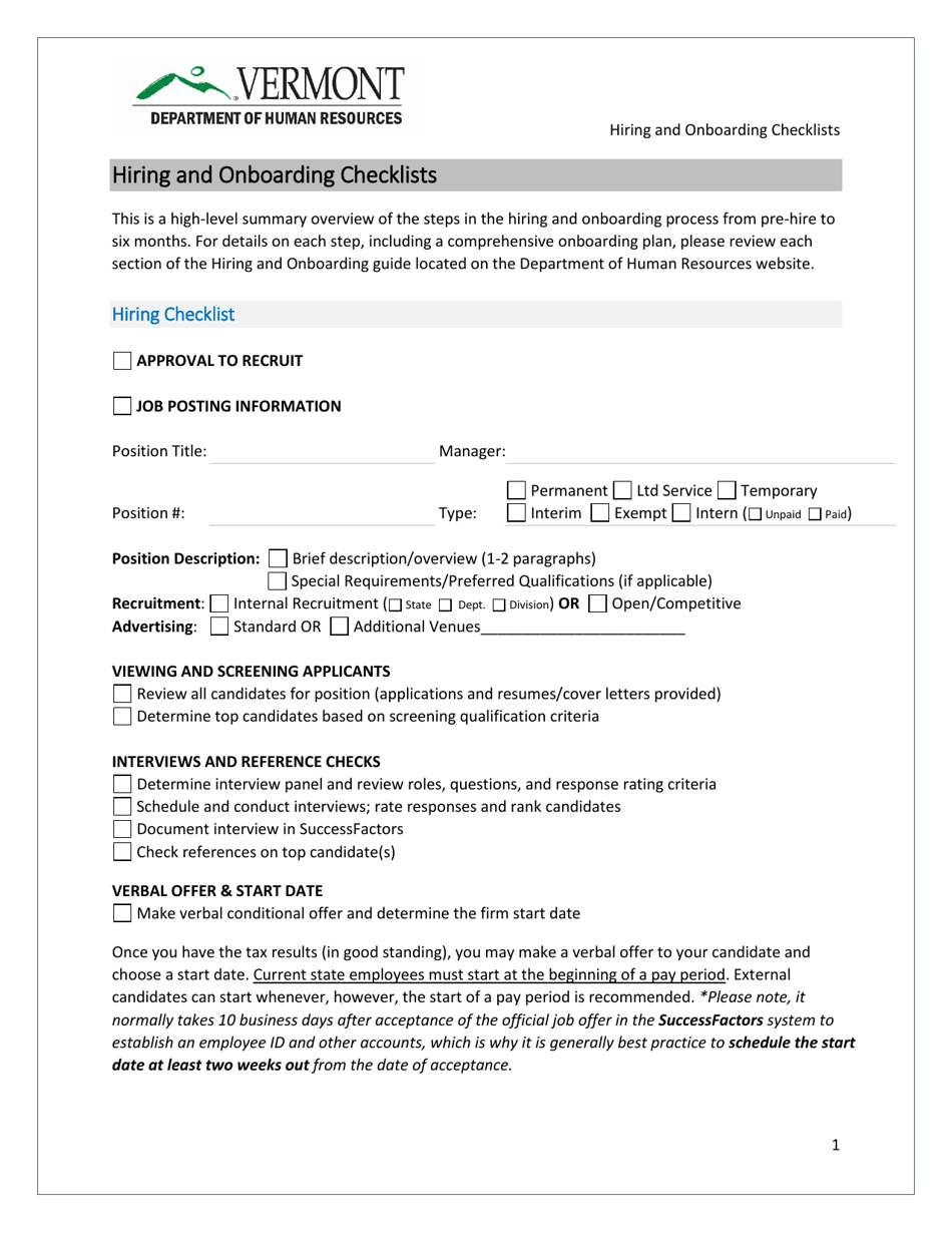 Supervisors Hiring and Onboarding Checklist - Vermont, Page 1