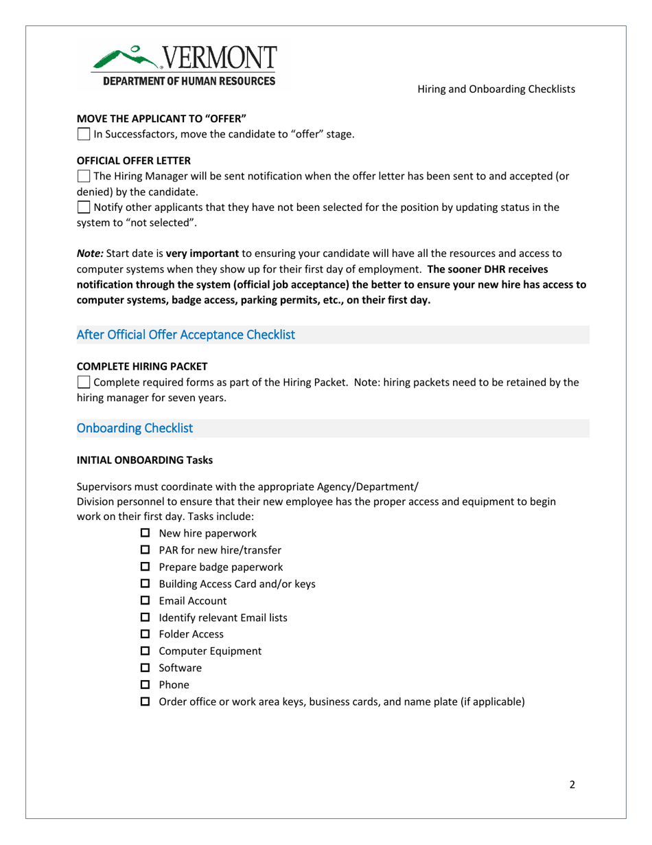 Supervisors Hiring and Onboarding Checklist - Vermont, Page 2