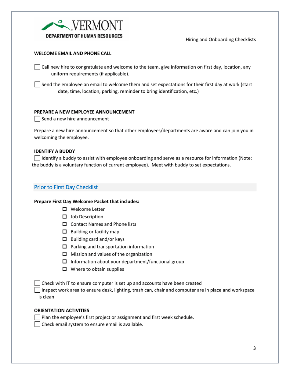 Supervisors Hiring and Onboarding Checklist - Vermont, Page 3