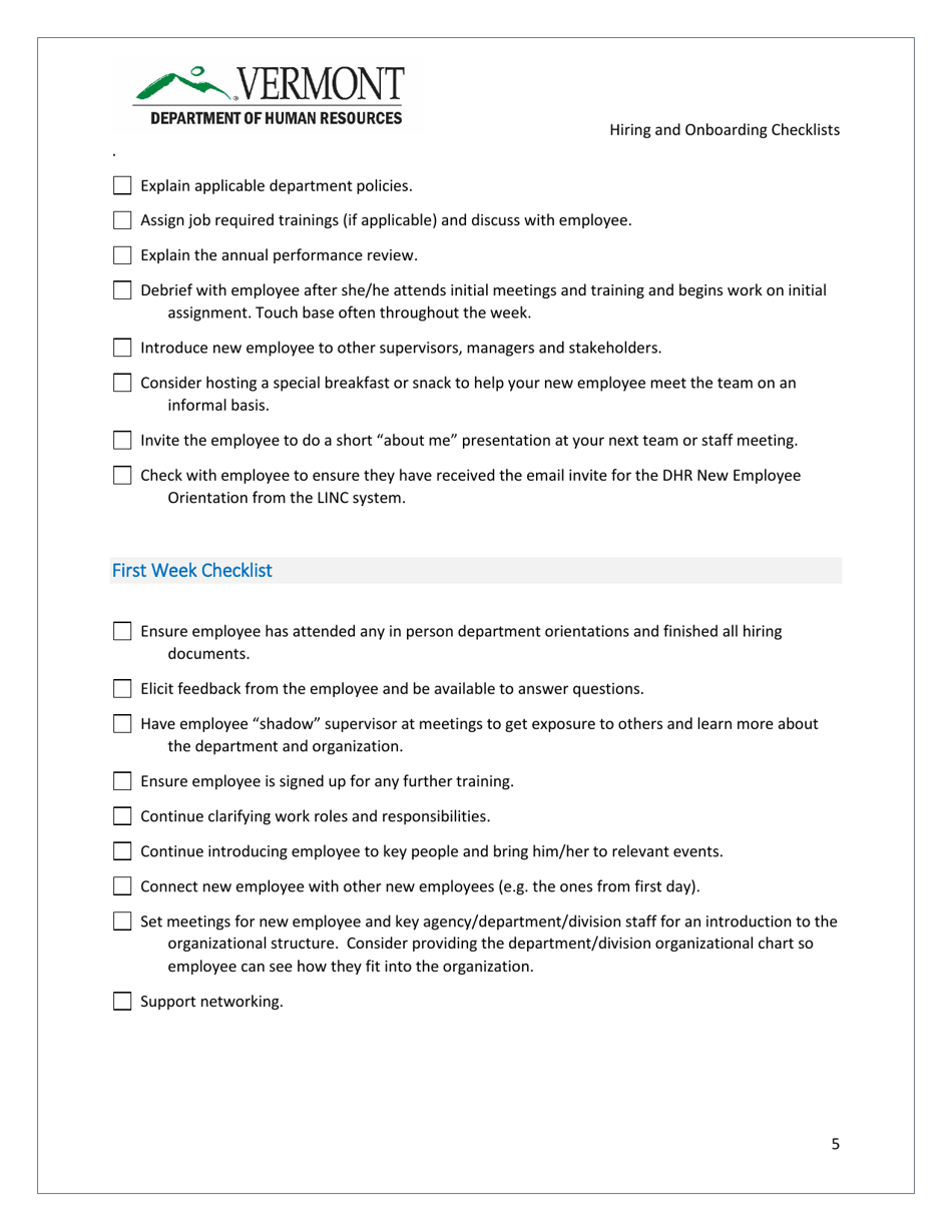Supervisors Hiring and Onboarding Checklist - Vermont, Page 5