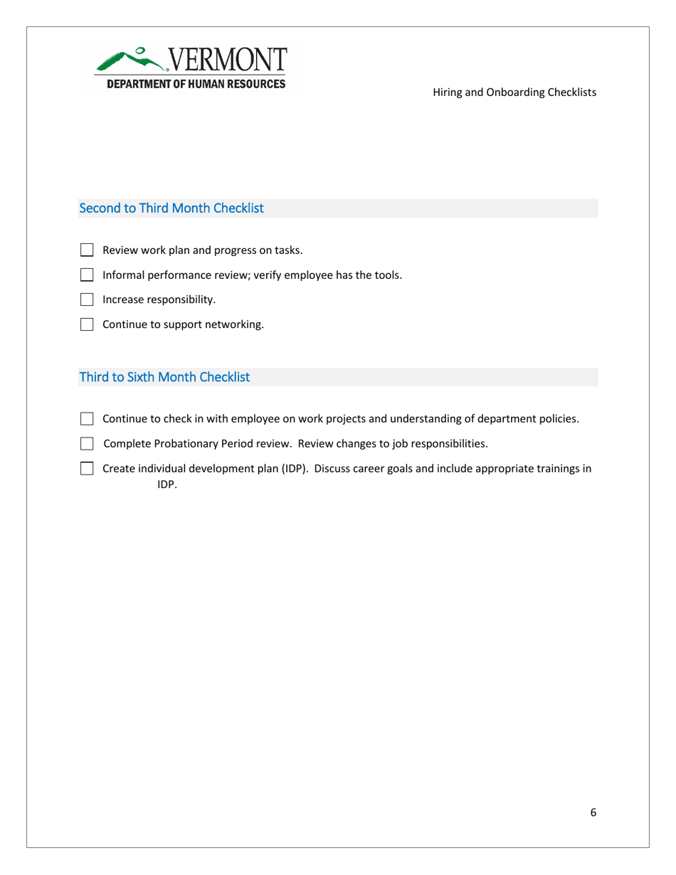 Supervisors Hiring and Onboarding Checklist - Vermont, Page 6