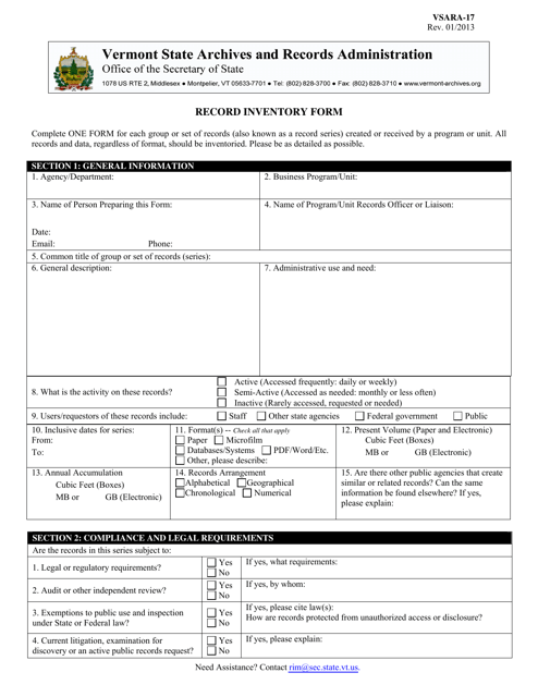 Form VSARA-17 Record Inventory Form - Vermont