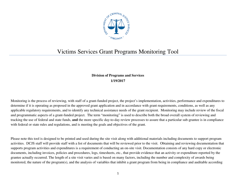Victims Services Grant Programs Monitoring Tool - Virginia, Page 1