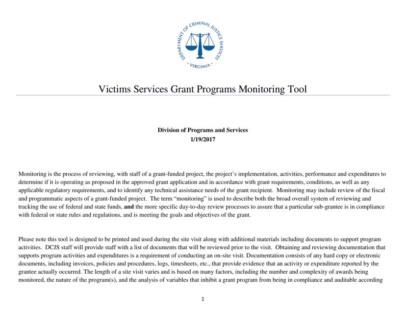Victims Services Grant Programs Monitoring Tool - Virginia