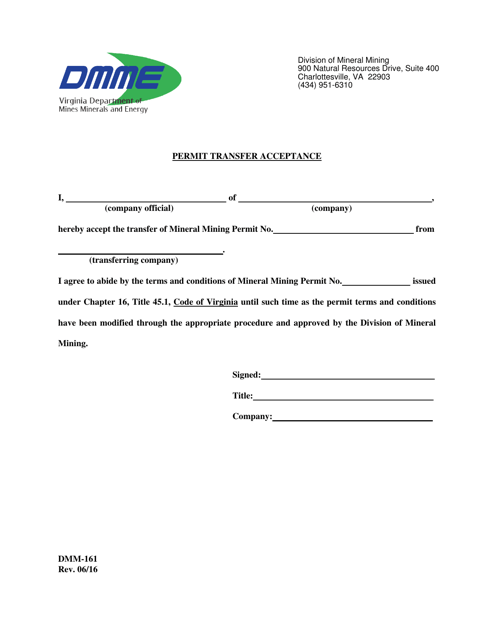 Form DMM-161 Permit Transfer Acceptance - Virginia