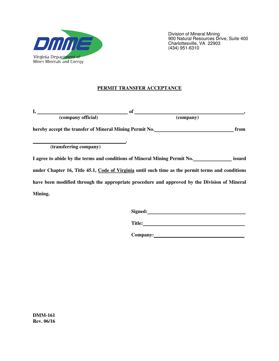 Form DMM-161 Permit Transfer Acceptance - Virginia, Page 1