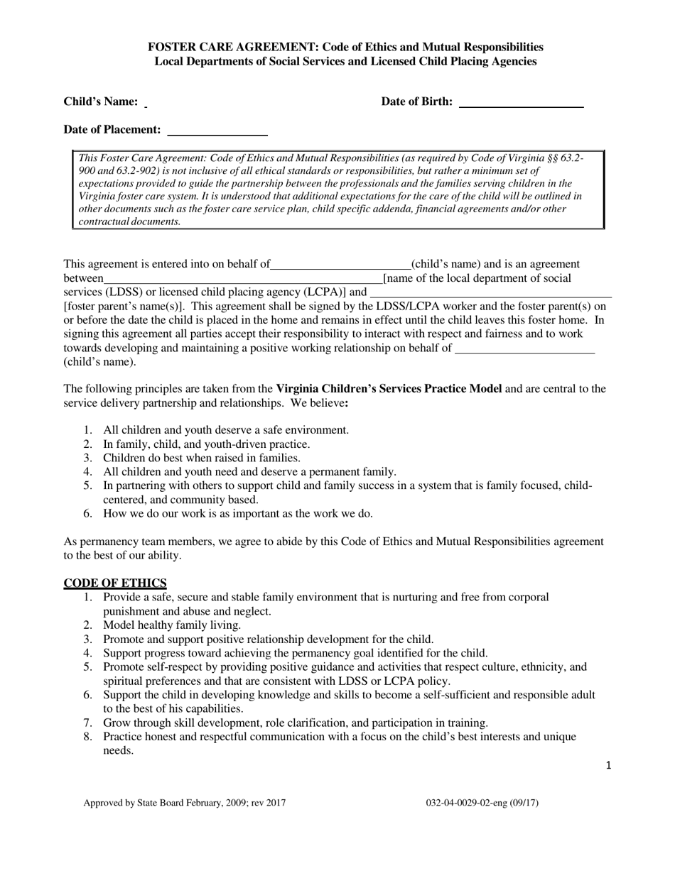 Form 032-04-0029-02 Foster Care Agreement: Code of Ethics and Mutual Responsibilities - Virginia, Page 1