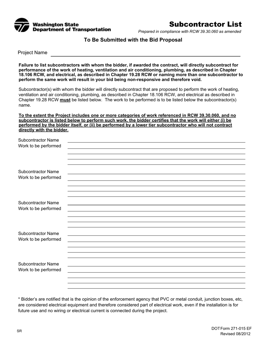 DOT Form 271-015 Subcontractor List - Washington, Page 1