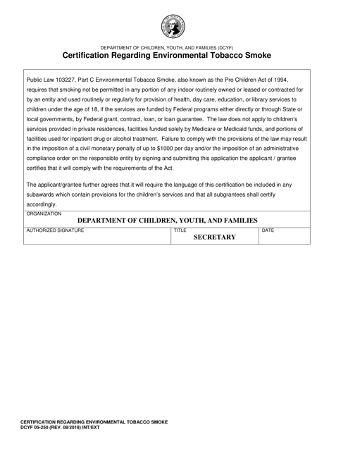 DCYF Form 05-250 Certification Regarding Environmental Tobacco Smoke - Washington