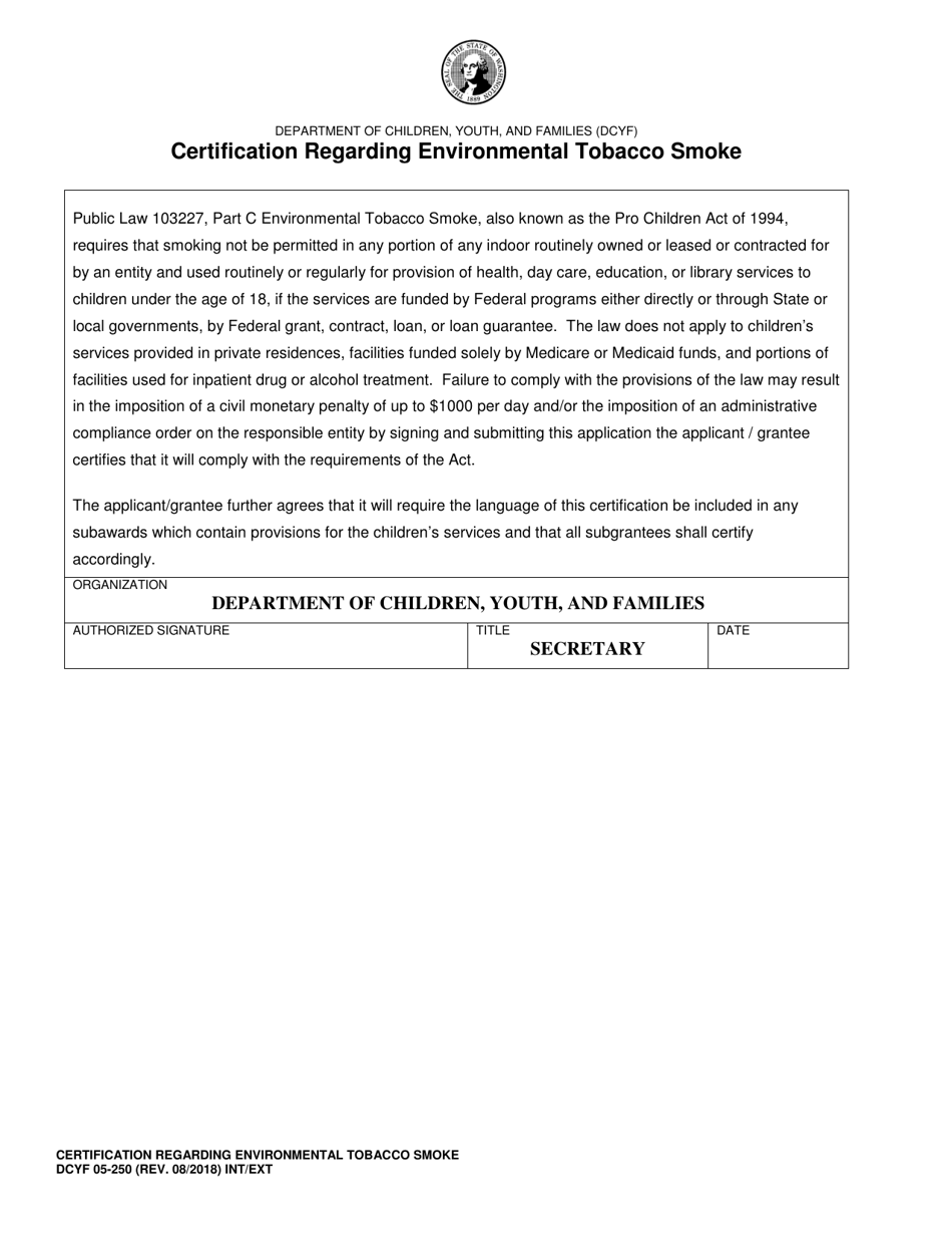 DCYF Form 05-250 Certification Regarding Environmental Tobacco Smoke - Washington, Page 1