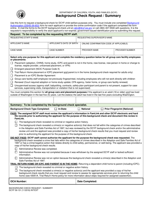 DCYF Form 09-131 Background Check Request / Summary - Washington