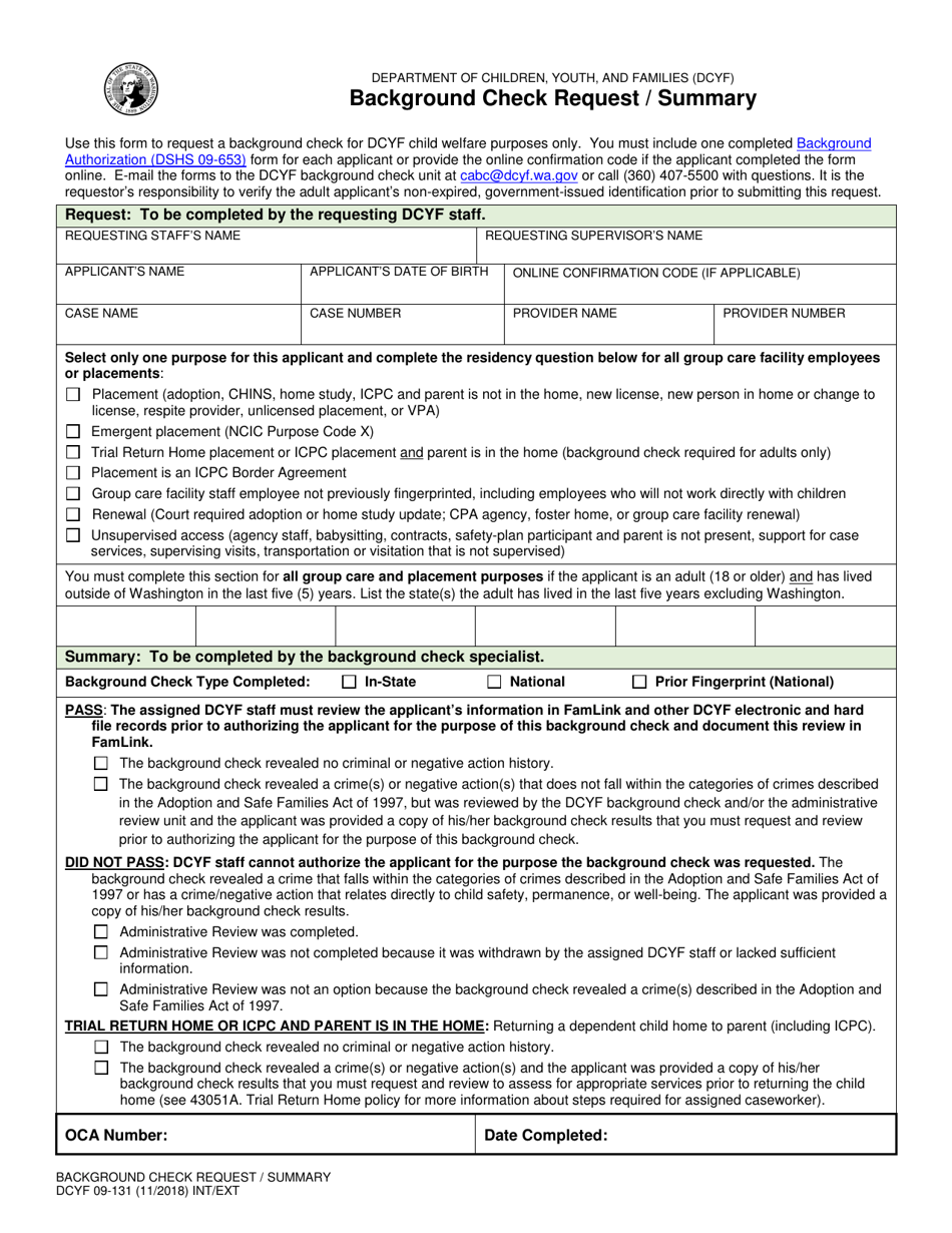 DCYF Form 09-131 Background Check Request / Summary - Washington, Page 1