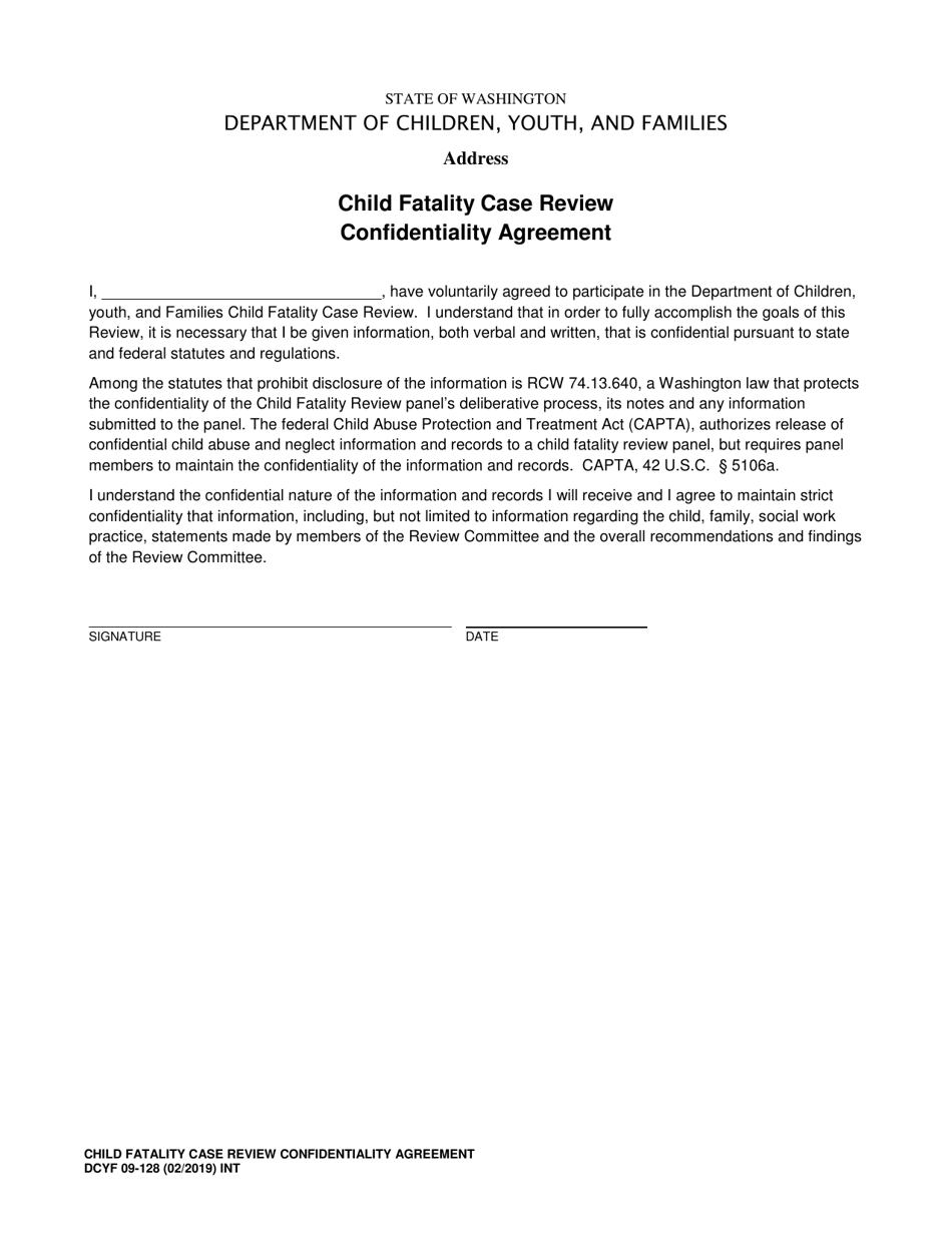 DCYF Form 09-128 Child Fatality Case Review Confidentiality Agreement - Washington, Page 1
