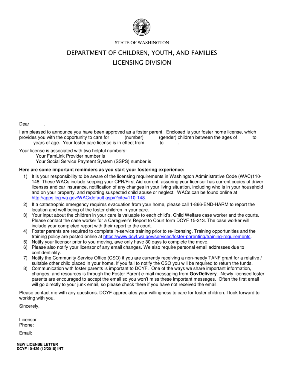 DCYF Form 10-429 New License Letter - Washington, Page 1
