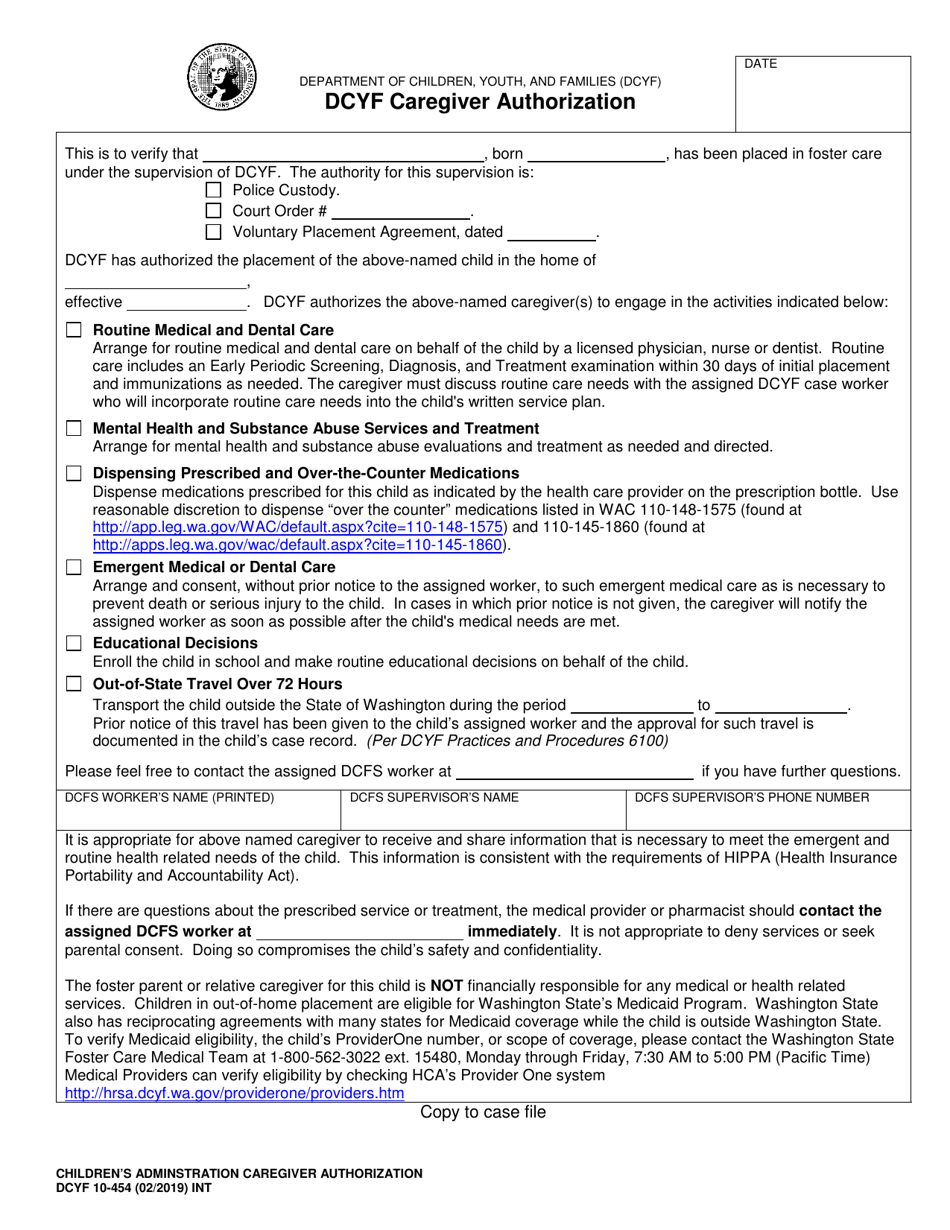 DCYF Form 10-454 Dcyf Caregiver Authorization - Washington, Page 1