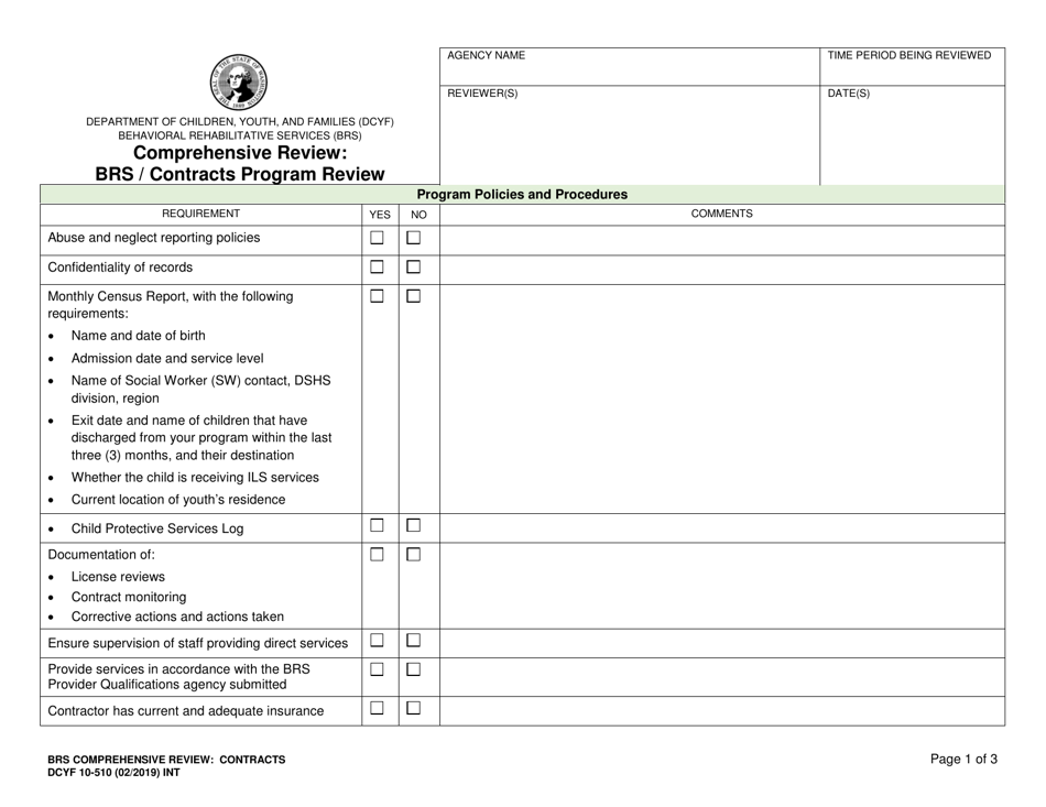 DCYF Form 10-510 Comprehensive Review: Brs / Contracts Program Review - Washington, Page 1