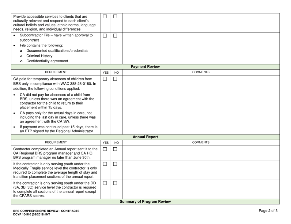 DCYF Form 10-510 Comprehensive Review: Brs / Contracts Program Review - Washington, Page 2