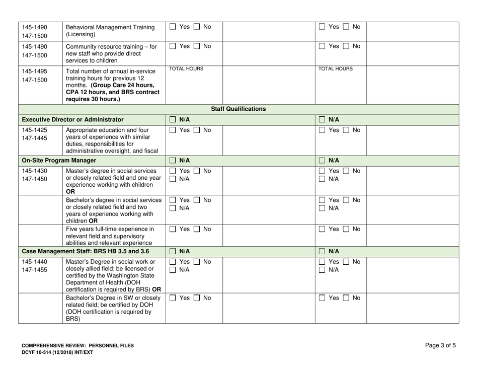 DCYF Form 10-514 Comprehensive Review: Personnel Files - Washington, Page 3
