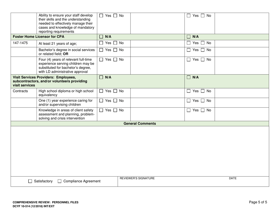 DCYF Form 10-514 Comprehensive Review: Personnel Files - Washington, Page 5