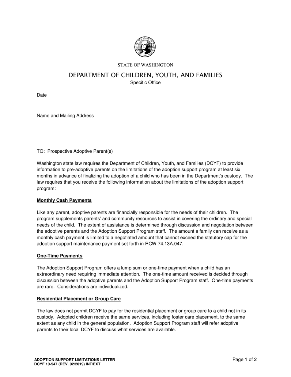 Dcyf Form 10 547 Download Printable Pdf Or Fill Online Adoption Support Limitations Letter Washington Templateroller