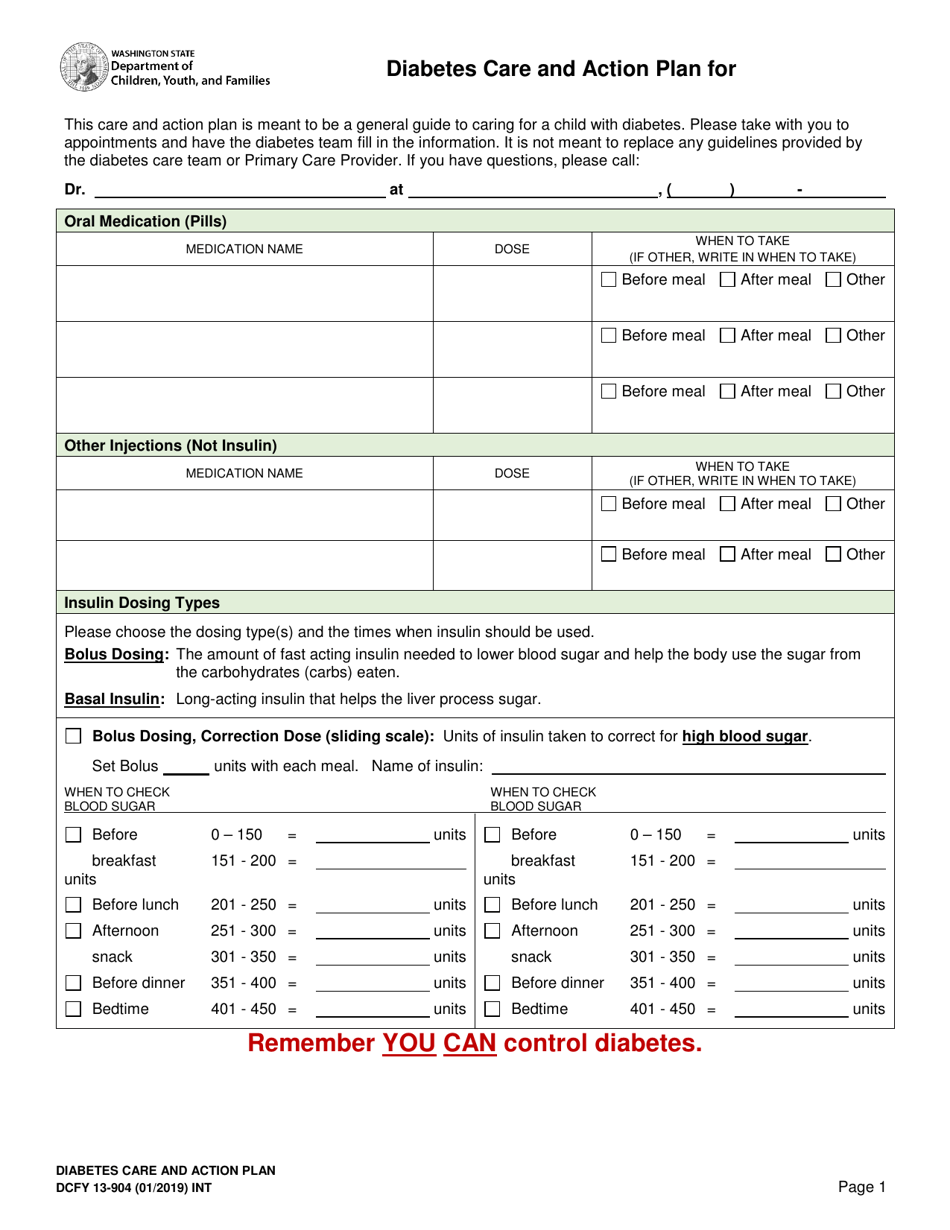 DCYF Form 13-904 Diabetes Care and Action Plan - Washington, Page 1
