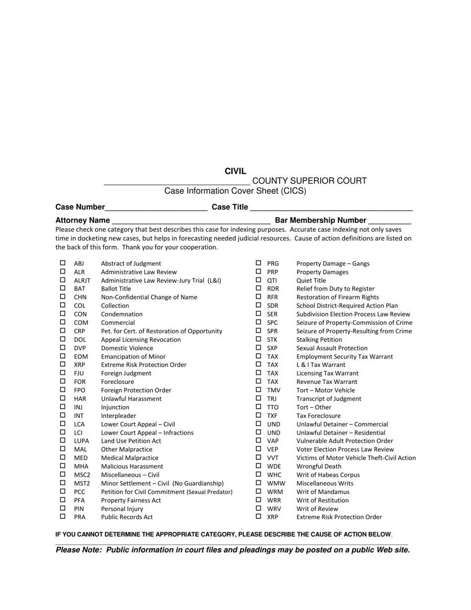 Washington Case Information Cover Sheet Civil Cases Fill Out Sign 