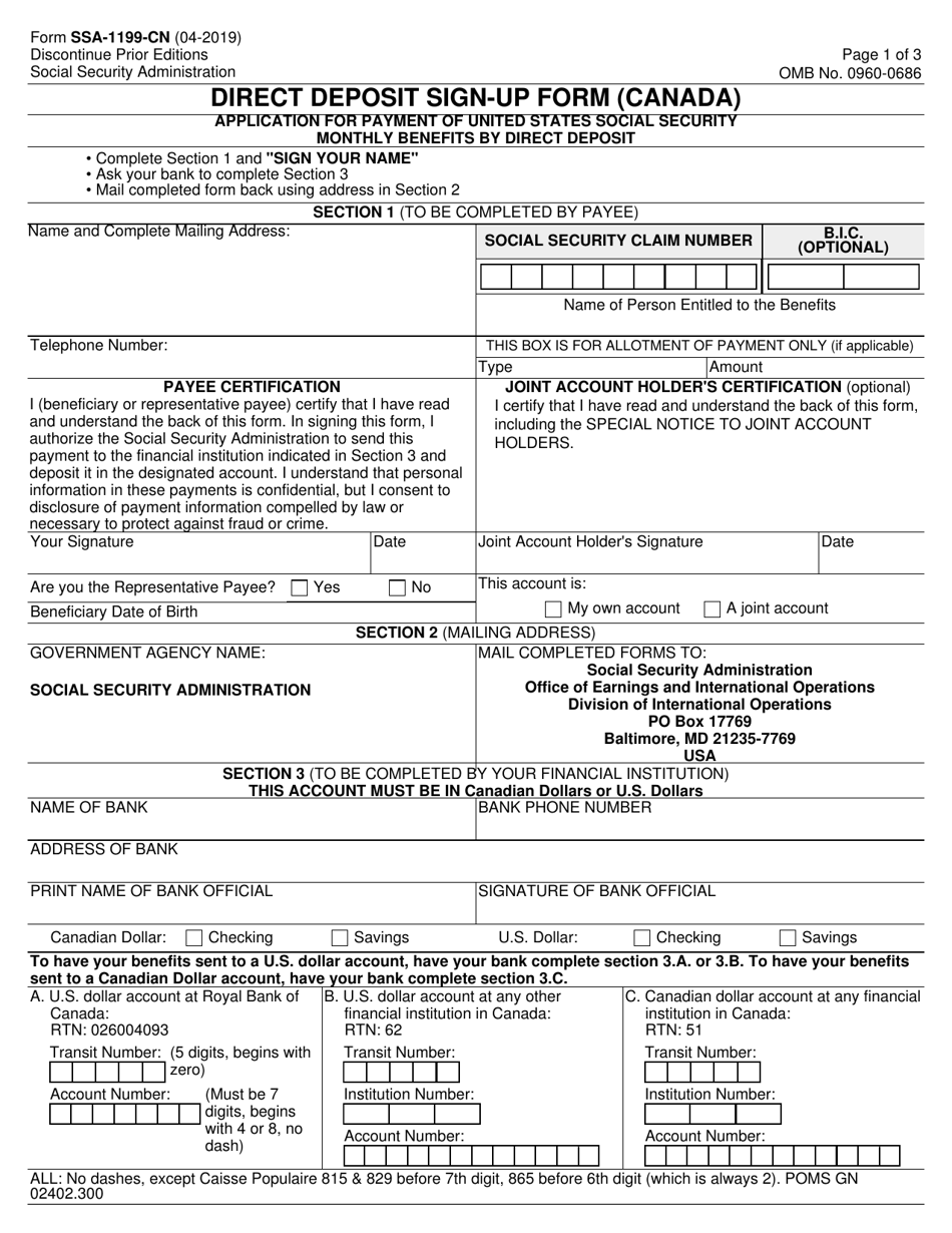 Form SSA-1199-CN Direct Deposit Sign-Up Form (Canada), Page 1