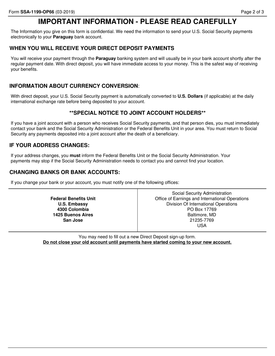 Form SSA-1199-OP66 Direct Deposit Sign-Up Form (Paraguay), Page 2